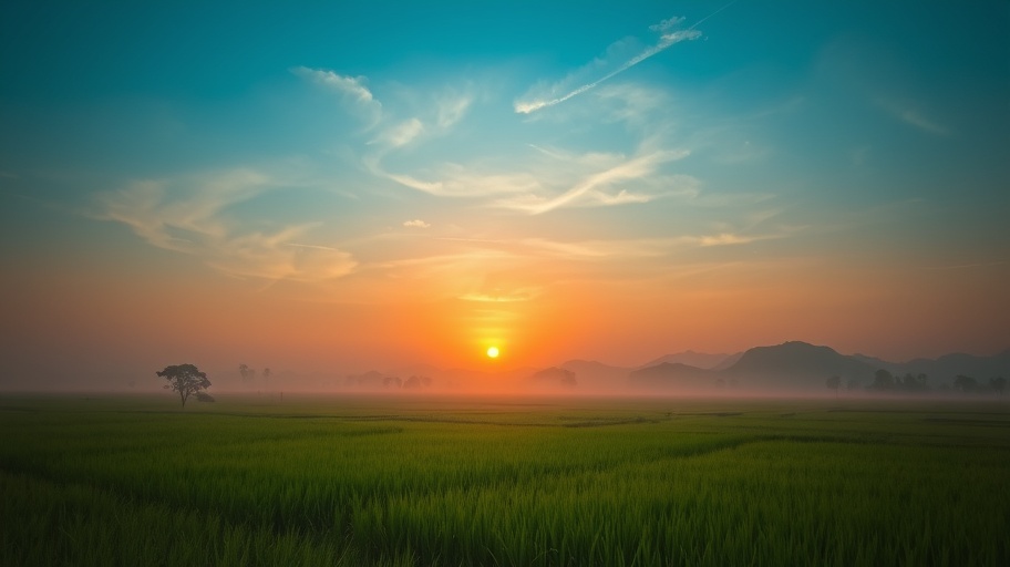 Ảnh chụp bình minh trên cánh đồng xanh Việt Nam, biểu hiện sự yên bình.