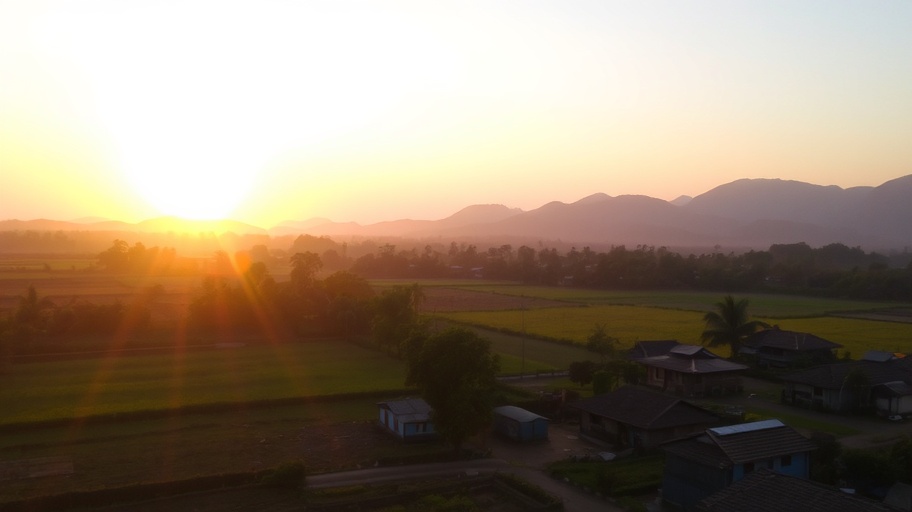 Bình minh trên làng quê Việt Nam, tượng trưng cho điềm báo tốt đẹp