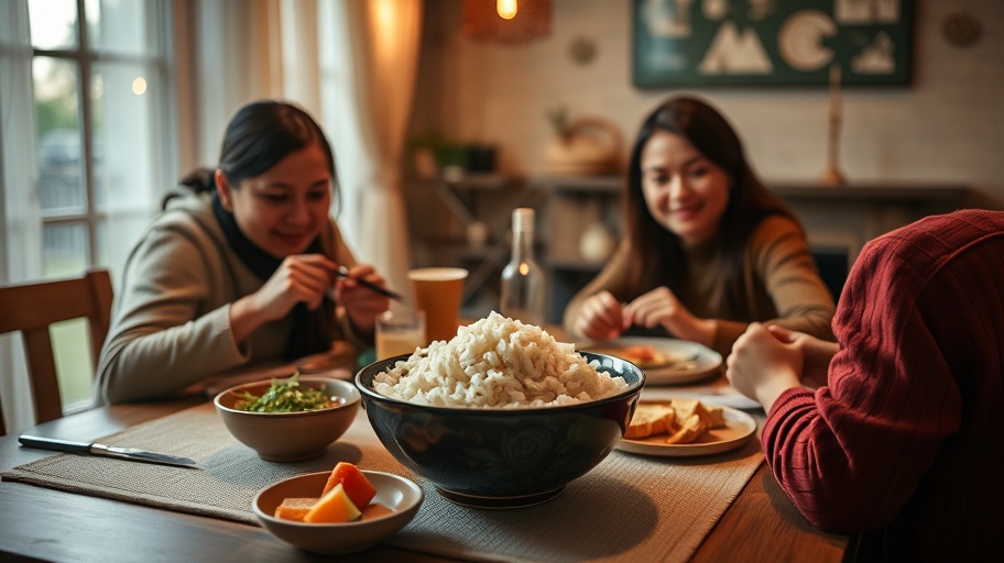 Bữa ăn gia đình với bát cơm, niềm vui và sự kết nối