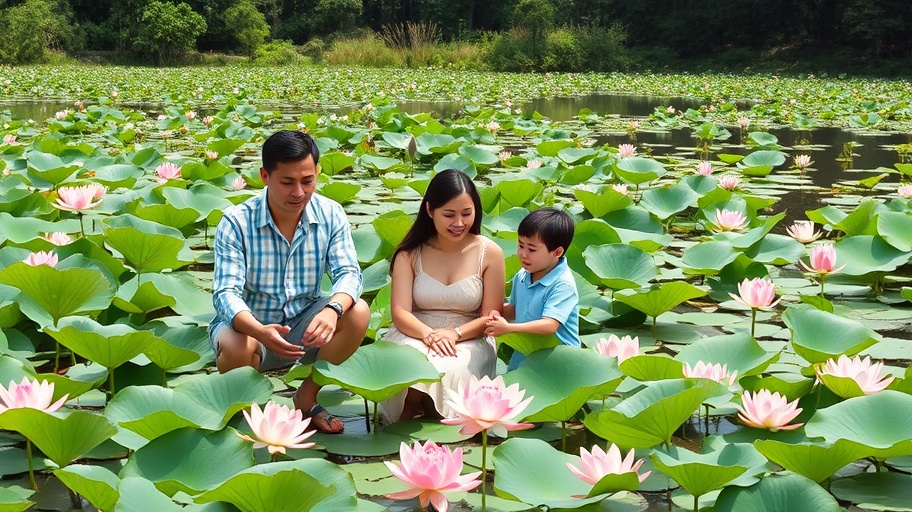 Cảnh gia đình đoàn kết bên hồ sen