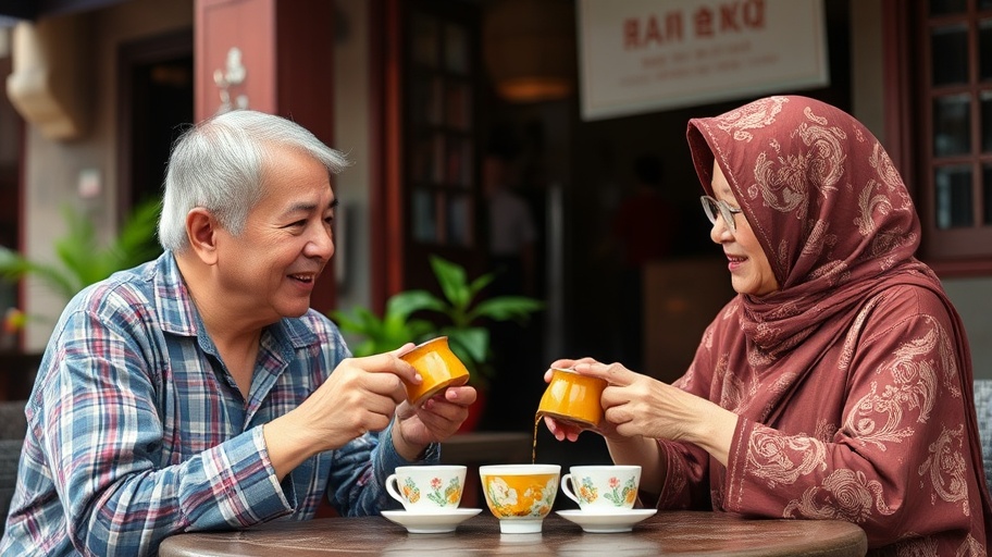 Hai người từ nền văn hóa khác nhau, chia sẻ trà, thể hiện sự thấu hiểu.