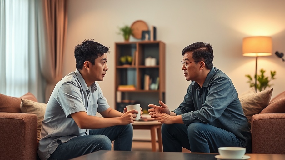 Hình ảnh cuộc trò chuyện căng thẳng trong phòng khách.