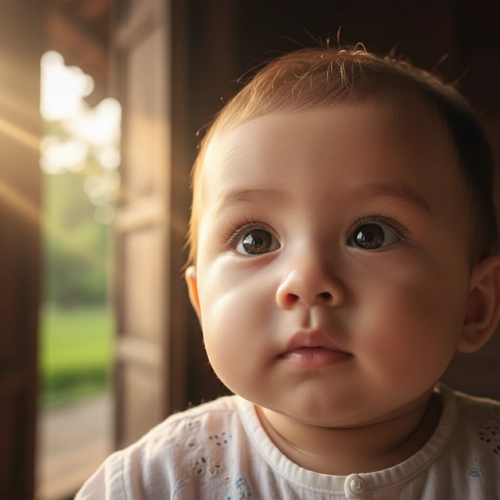 Hình ảnh đôi mắt em bé sáng ngời thể hiện sự tò mò.