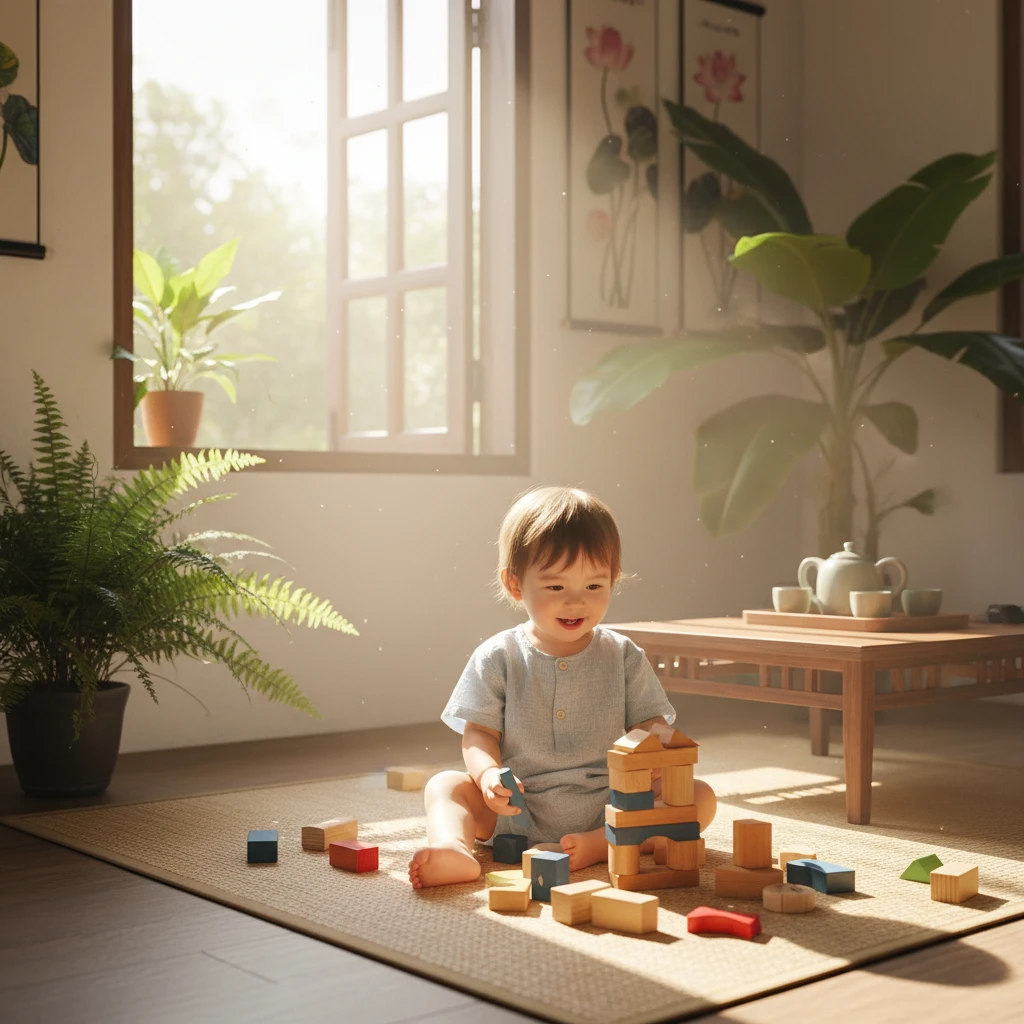 Hình ảnh em bé đang chơi, thể hiện sự phát triển và khám phá.