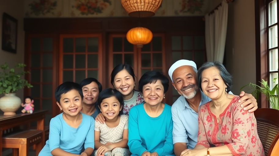 Hình ảnh một gia đình vui vẻ trong một ngôi nhà truyền thống Việt Nam.