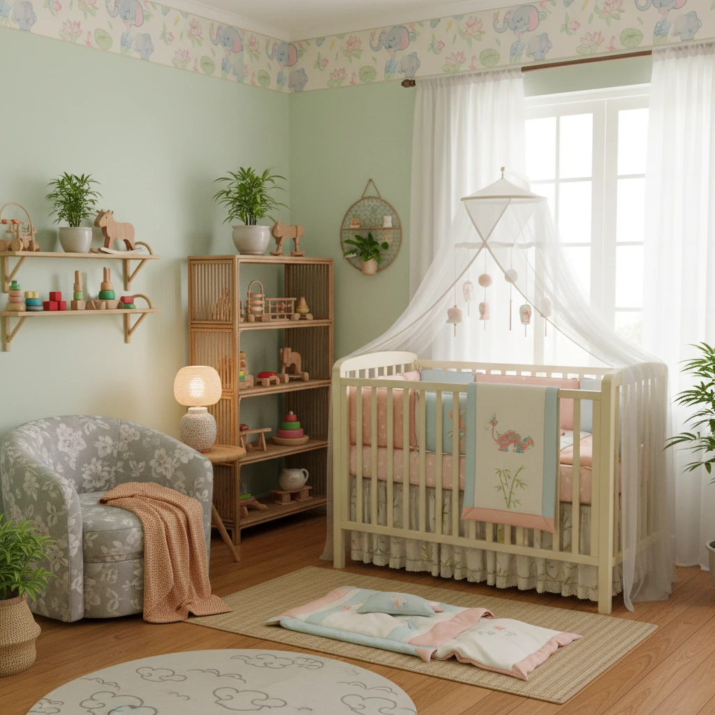 Hình ảnh phòng trẻ sơ sinh gợi lên cảm giác dịu dàng và ấm áp.