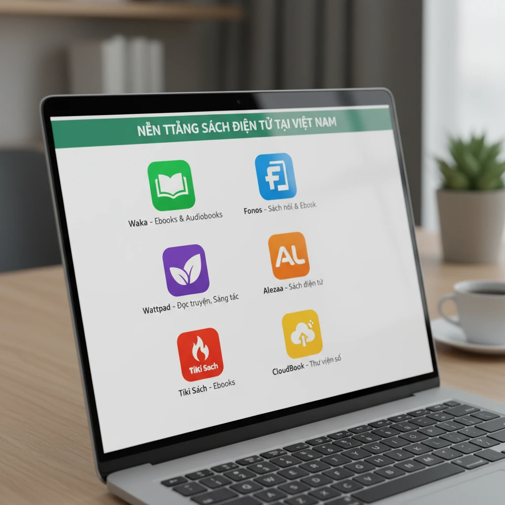 Màn hình laptop hiển thị các nền tảng ebook tại Việt Nam.