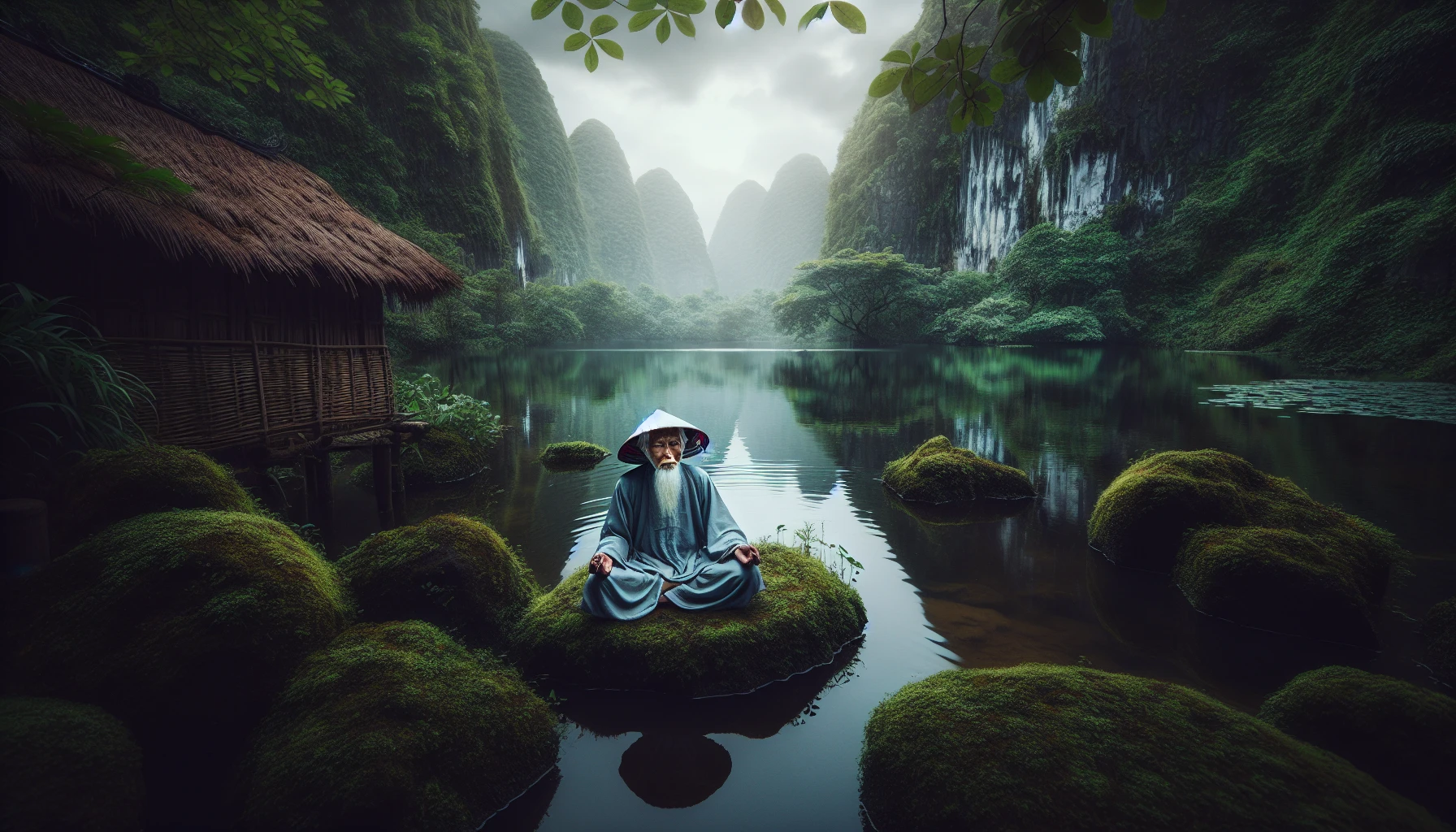 Người lớn tuổi thiền bên hồ