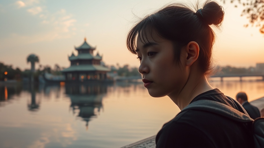 Người suy nghĩ bên hồ Hoàn Kiếm, cảm xúc tĩnh lặng.