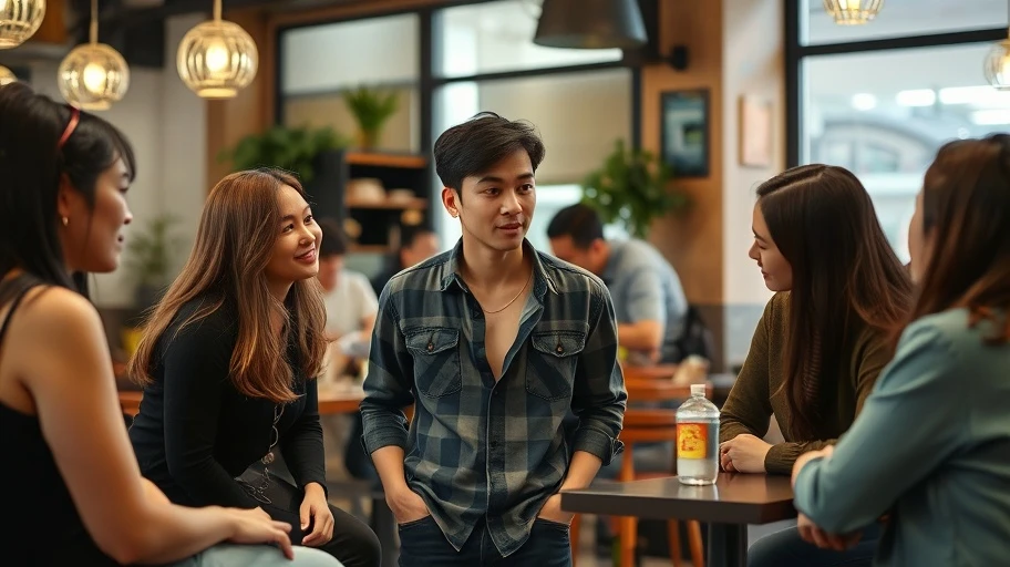 Nhóm bạn trẻ thảo luận, một người mặc áo ngược.