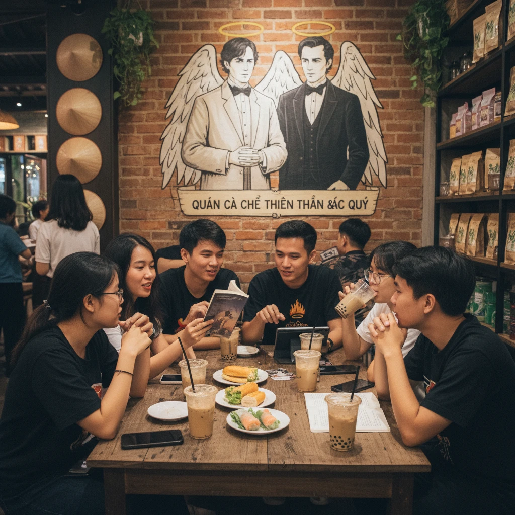 Nhóm trẻ thảo luận về Điềm Lành tại quán cà phê.