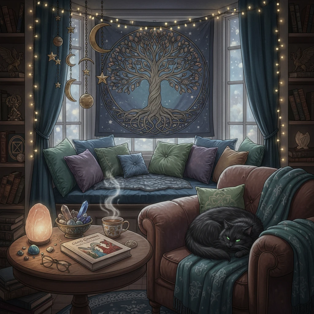 Nơi đọc sách ấm cúng với cuốn Điềm Lành và trang trí huyền bí.