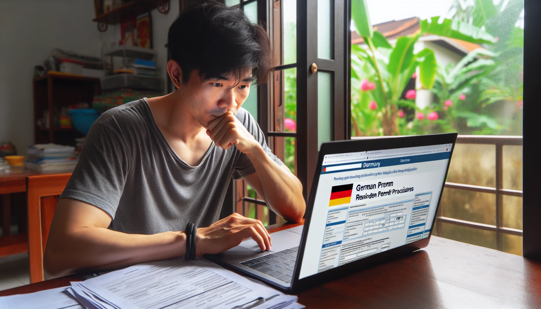 Person researching residence permit procedures on a laptop.